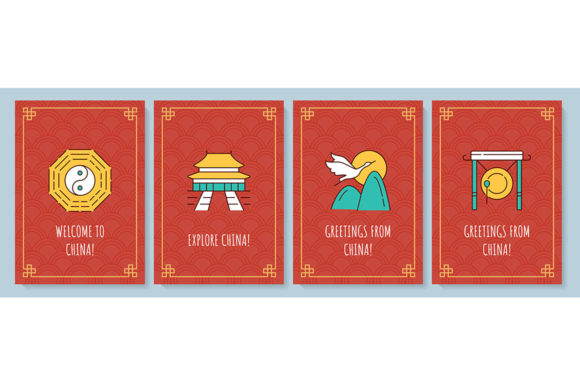 China Greeting Card with Color Icons - Graphic Templates for Creative Projects