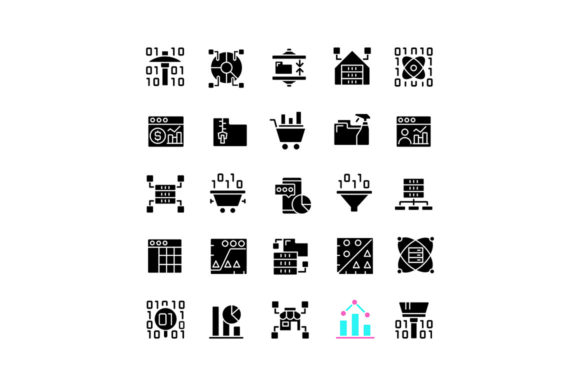 Data Mining Black Glyph Icons Set for Modern Web Graphics
