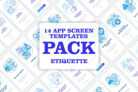 Etiquette Blue Onboarding Mobile App Set for Graphic Templates